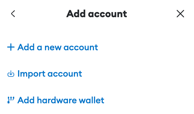 Add account screen in MetaMask